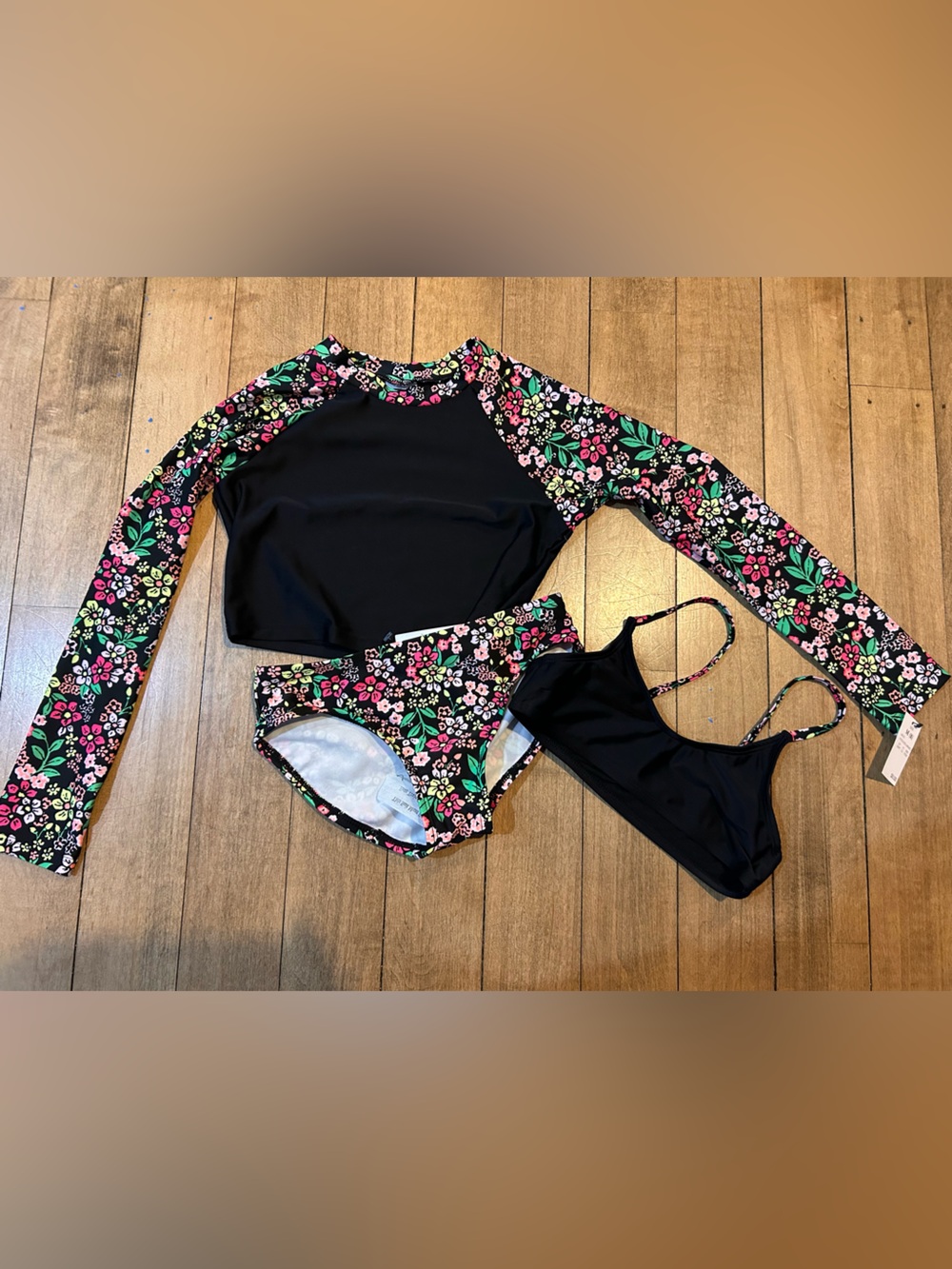 art class Black Floral Long Sleeve Bikini Set with Pink & Green Accents